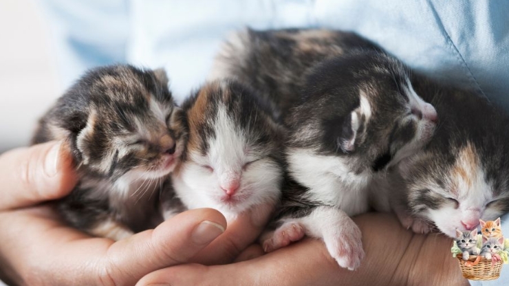 man holding 4 kitten in hands